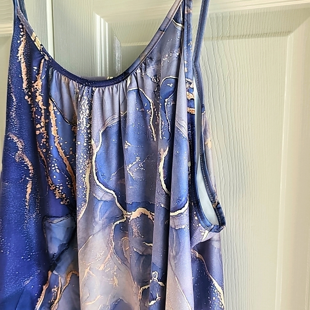 New 3XL Galaxy Print  Spaghetti Strap Silky Wrinkle Free Tank Top Blues & Golds - Picture 8 of 11
